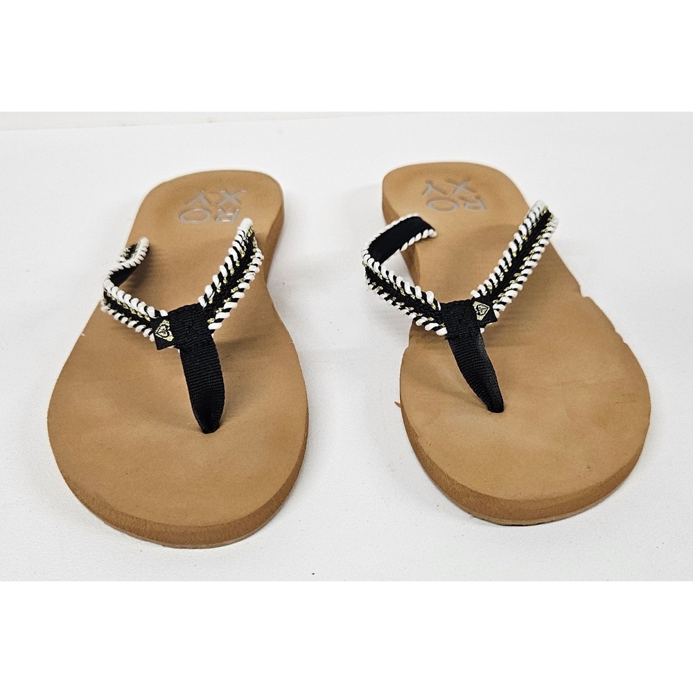 Roxy Womens Braided Strap Flip Flop Sandals Black White Gold Tan Size 7